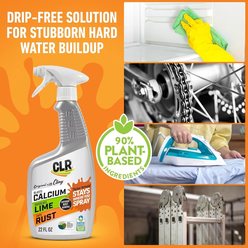 CLR Brands Calcium, Lime & Rust Remover with Cling, 22 oz. Spray Bottle, Adheres to Hard-to-Reach Surfaces, Blasts Calcium, Dissolves Lime Deposits, Zaps Stubborn Rust Stains and Hard Water Deposits - Image 1
